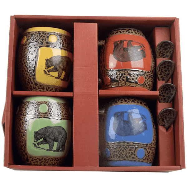 Ceramic Fishing Bear Mug Set with stir spoons.