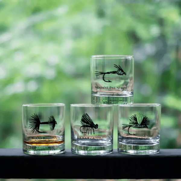 Four unique Fly Fishing flies Rocks Glass