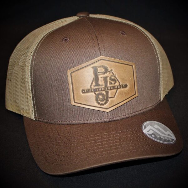 PJ's Fine Bamboo Rods leather hat in brown with khaki mesh