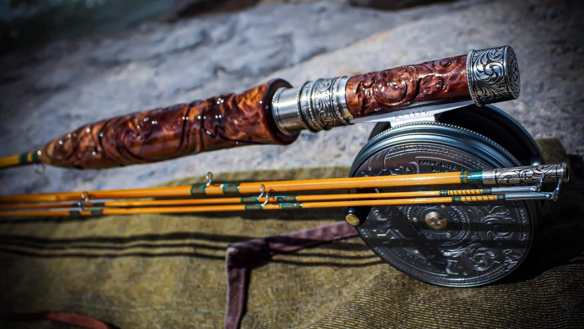 Hand carved hardware and grip bamboo fly rod.