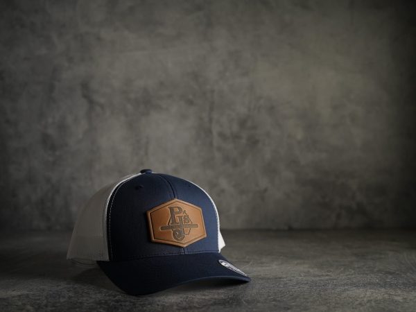 PJ's Fine Bamboo Rods leather patch hat in blue and white mesh