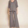 Woman wearing gray bamboo loungewear set.