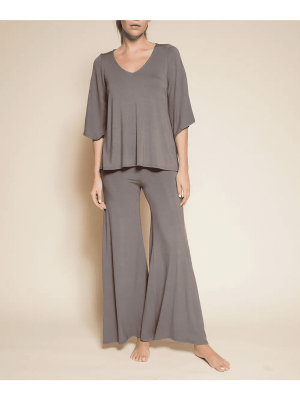 Woman wearing gray bamboo loungewear set.