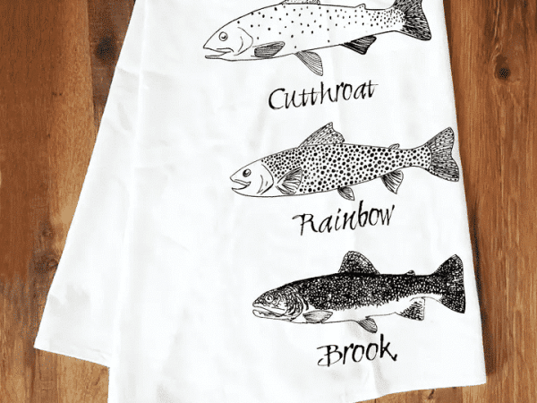 Three trout graphic tea towel