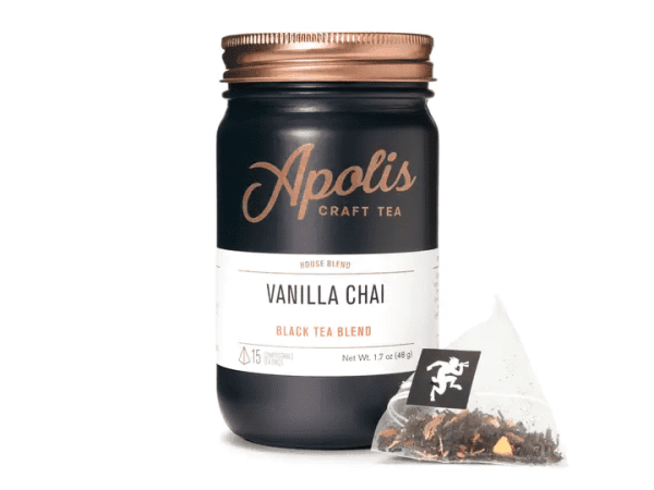 Mason jar of Apolis Tea and tea bag.