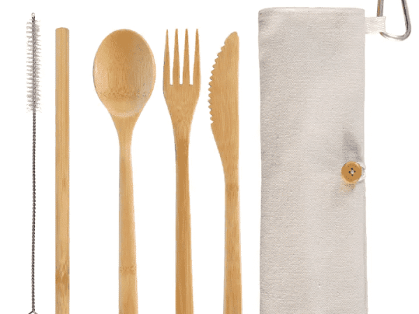 Bamboo utensil set with carrying case.