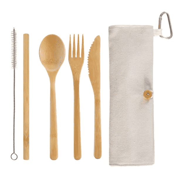 Bamboo utensil set with carrying case.