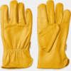 Mustard pair of leather work gloves.