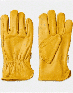 Mustard pair of leather work gloves.