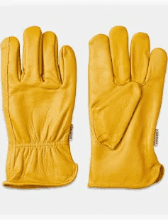 Mustard pair of leather work gloves.