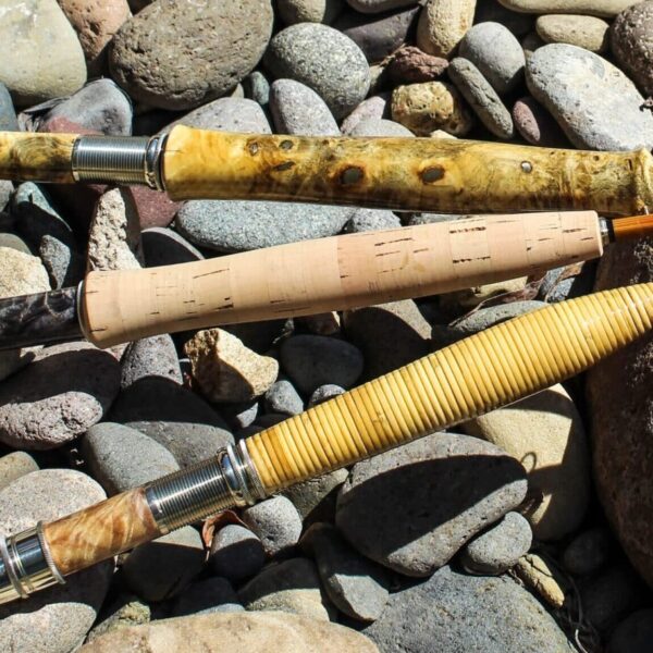 Custom fishing rods featuring a variety of bamboo fly rod grips.