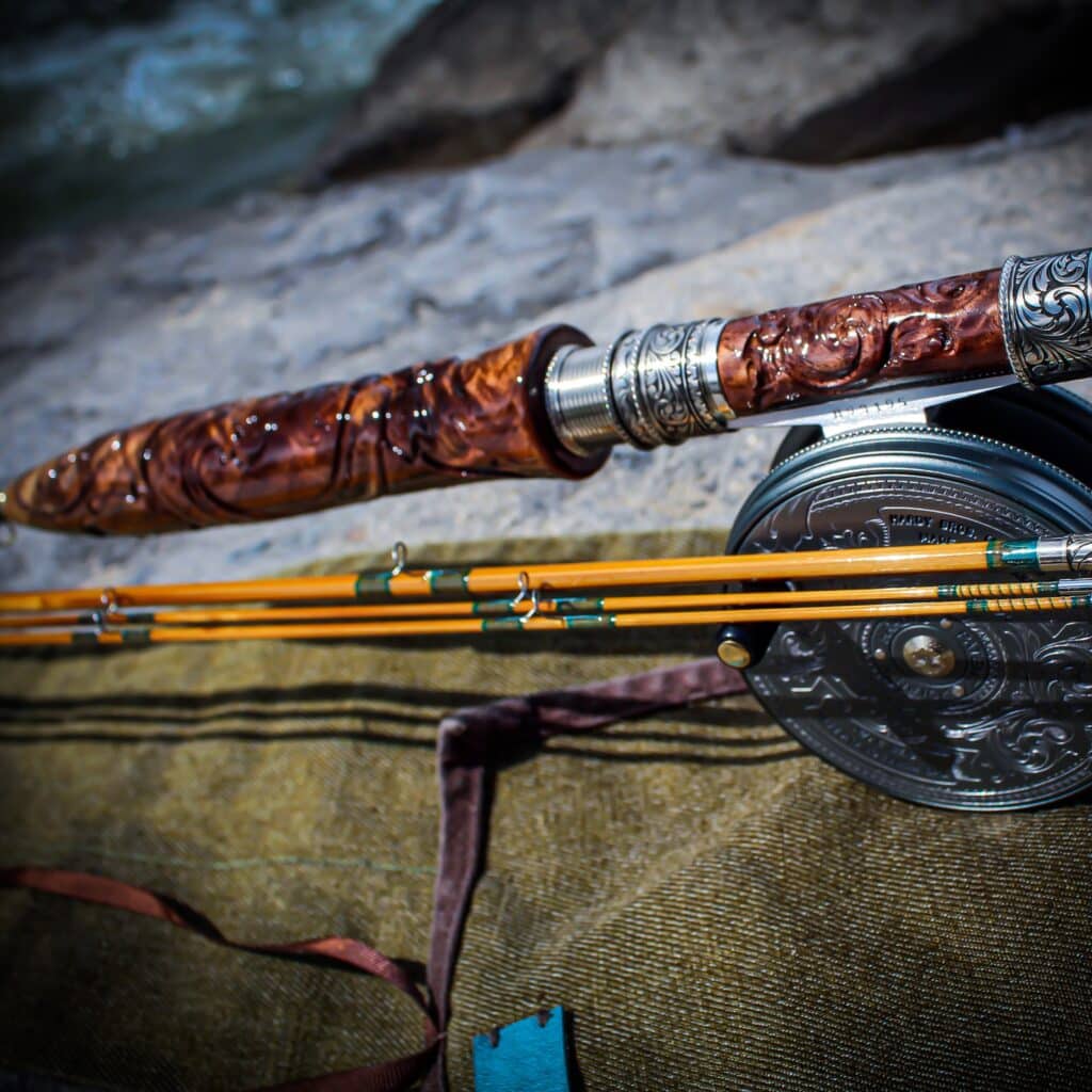 Master Engraved Koa Wood Grip and Nickel Silver Hardware Bamboo Fly Rod and Hardy Reel