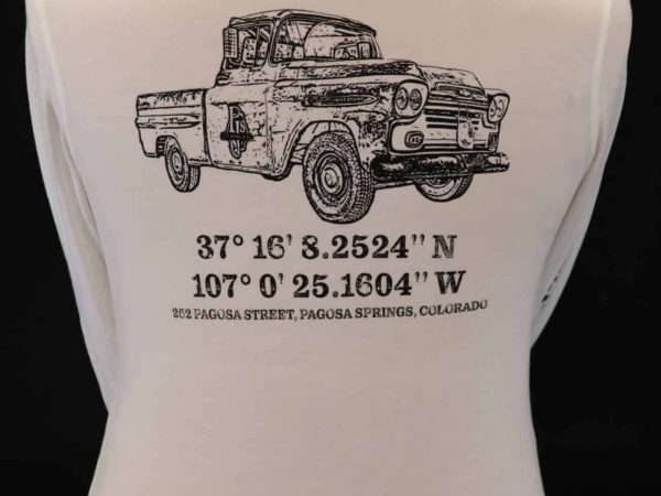 Back of white long sleeve shirt with black truck graphic