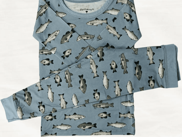 Blue top and bottom with multi colored fish print