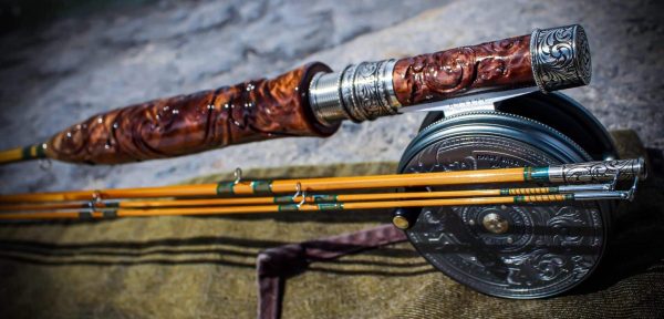 Hand carved hardware and grip bamboo fly rod.